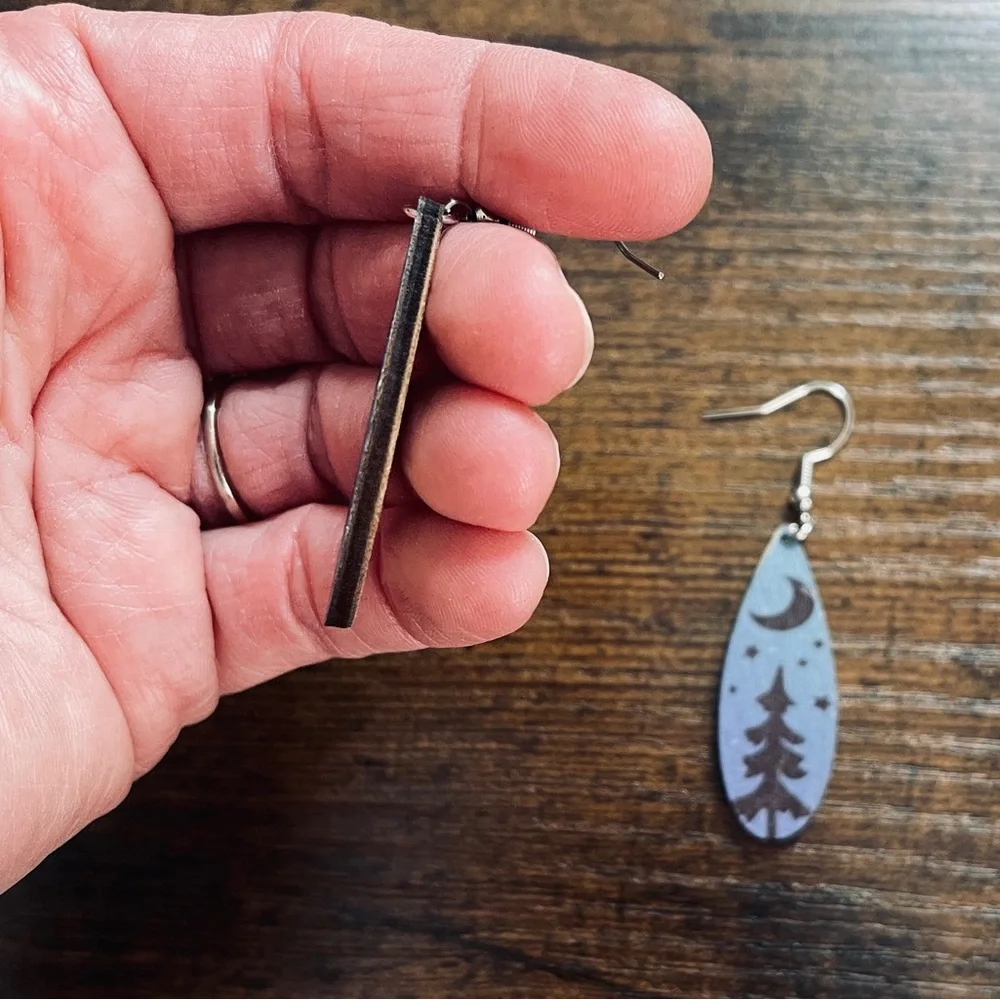🟢 FREE WITH ANY PURCHASE OVER $10. Pine Tree Star Moon Earrings Wood Blue, Black
